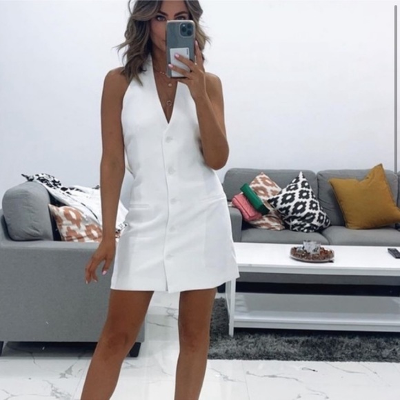 Zara White Crepe Fully Lined Lapel Tuxedo Halter Dress $89.90 - Picture 10 of 14